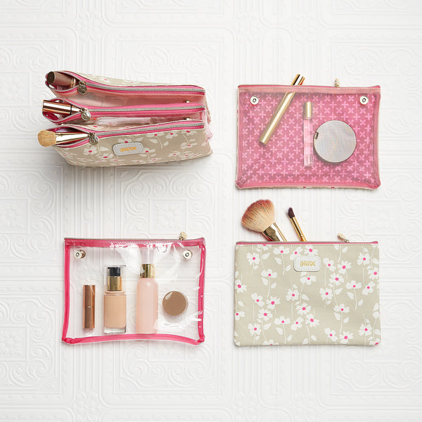 Flat lay of 3 piece cosmetic bag with clear and floral pattern sections